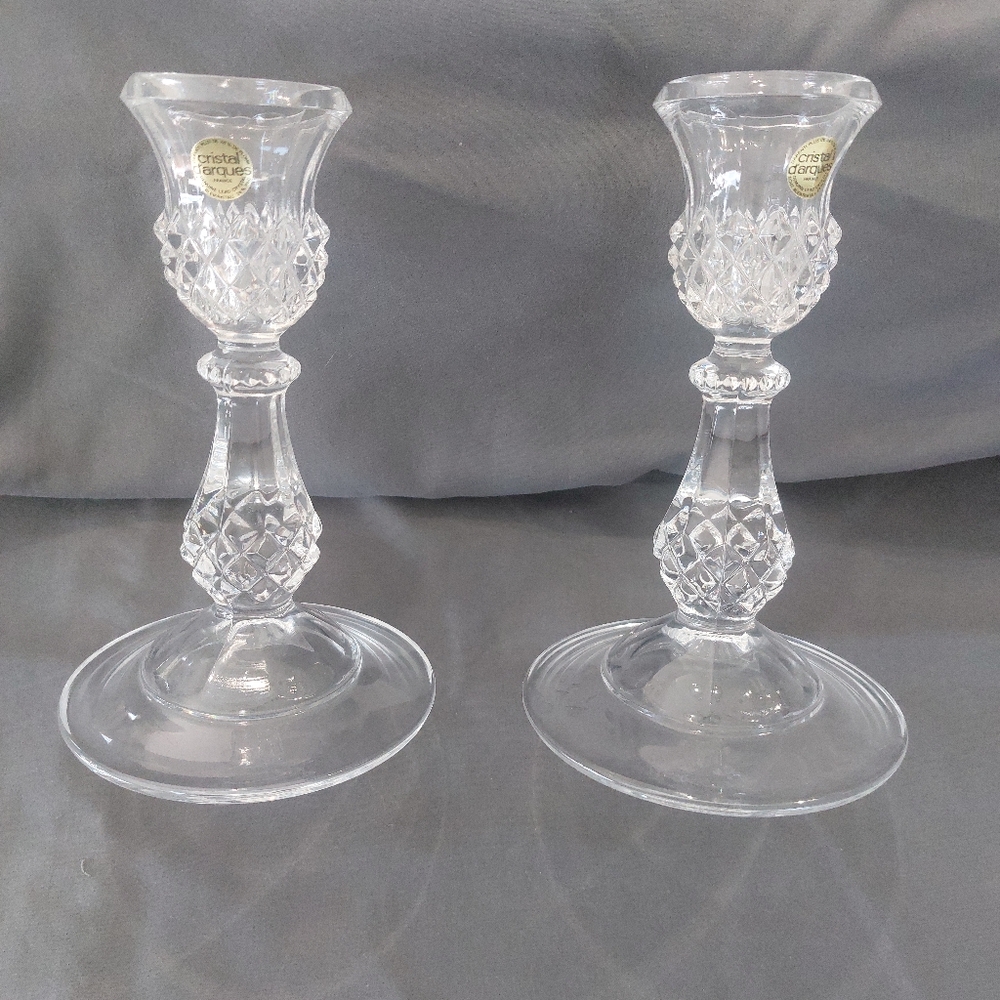 NEW 2 Cristal d’ Arques FRANCE 24% Lead Crystal 6.6" Candlestick Holders Taper.